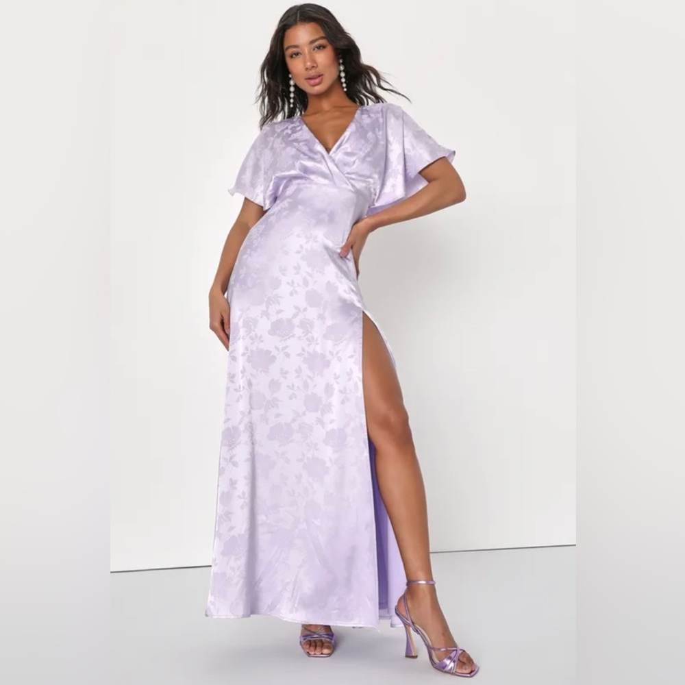 Lovely Admiration Lavender Satin Floral Jacquard Maxi Dress